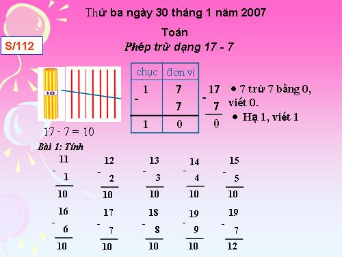 Phép trừ dạng 17-7