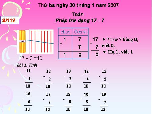 Phép trừ dạng 17-7