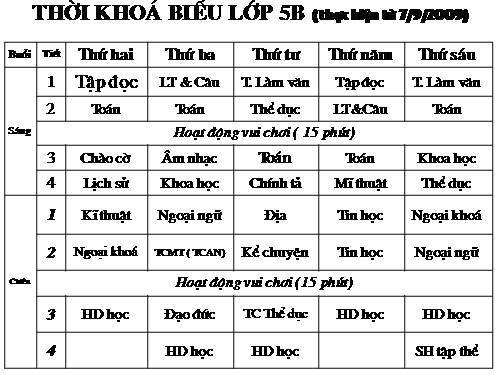 Thời khoá biểu 5B (thực hiện từ 7/9/2009)