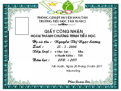 Giấy công nhận hoàn thành tiểu học năm học 2011