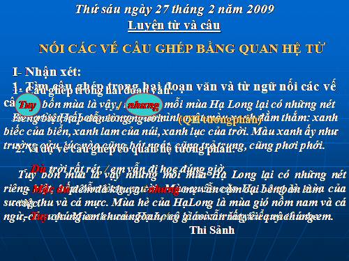 Tuần 20-21-22-23. Nối các vế câu ghép bằng quan hệ từ