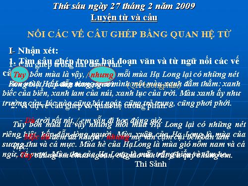 Tuần 20-21-22-23. Nối các vế câu ghép bằng quan hệ từ