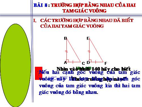 Chương II. §8. Các trường hợp bằng nhau của tam giác vuông