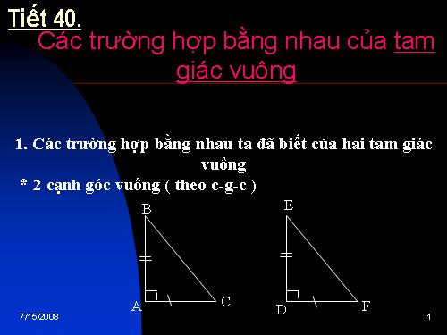 Chương II. §8. Các trường hợp bằng nhau của tam giác vuông