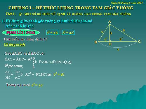 Chương I. §1. Một số hệ thức về cạnh và đường cao trong tam giác vuông