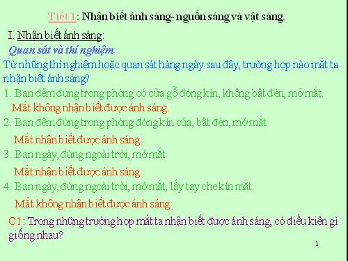 Bài 1. Nhận biết ánh sáng - Nguồn sáng và vật sáng