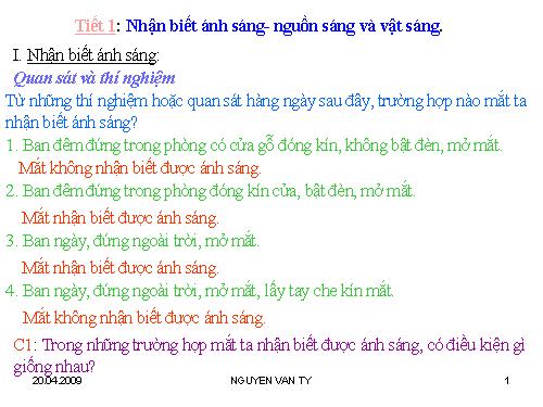 Bài 1. Nhận biết ánh sáng - Nguồn sáng và vật sáng