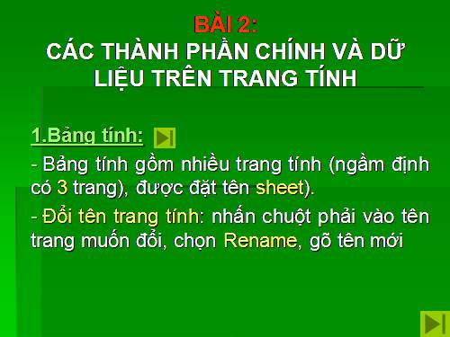 Bài 2. Các thành phần chính và dữ liệu trên trang tính