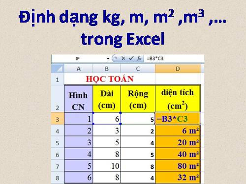 DỊNH DANG MÉT VUÔNG TRONG EXCEL