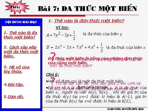 Chương IV. §7. Đa thức một biến