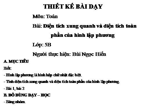 Diện tích xung quanh và diện tích toàn phần của hình lập phương