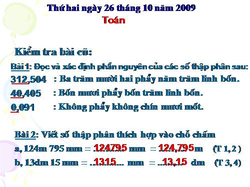 Hàng của số thập phân. Đọc, viết số thập phân