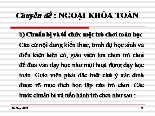 Chuyên đề ngoại khoá: Cách tổ chức một số trò chơi toán học