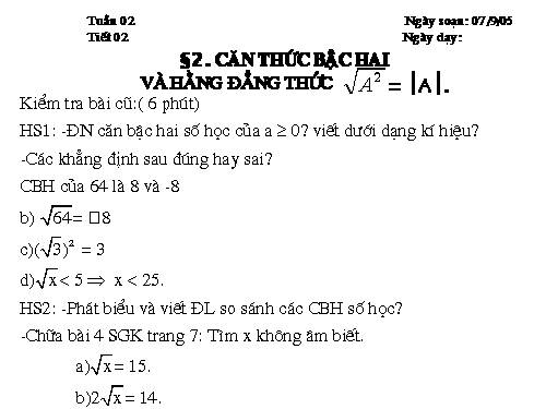 Chương I. §2. Căn thức bậc hai và hằng đẳng thức căn bậc hai của A² = |A|