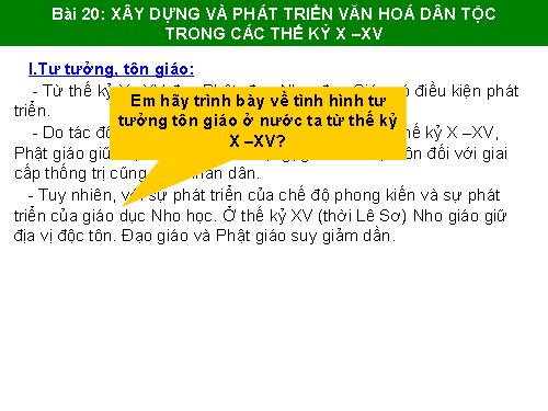 Bài 20. Xây dựng và phát triển văn hóa dân tộc trong các thế kỷ X-XV